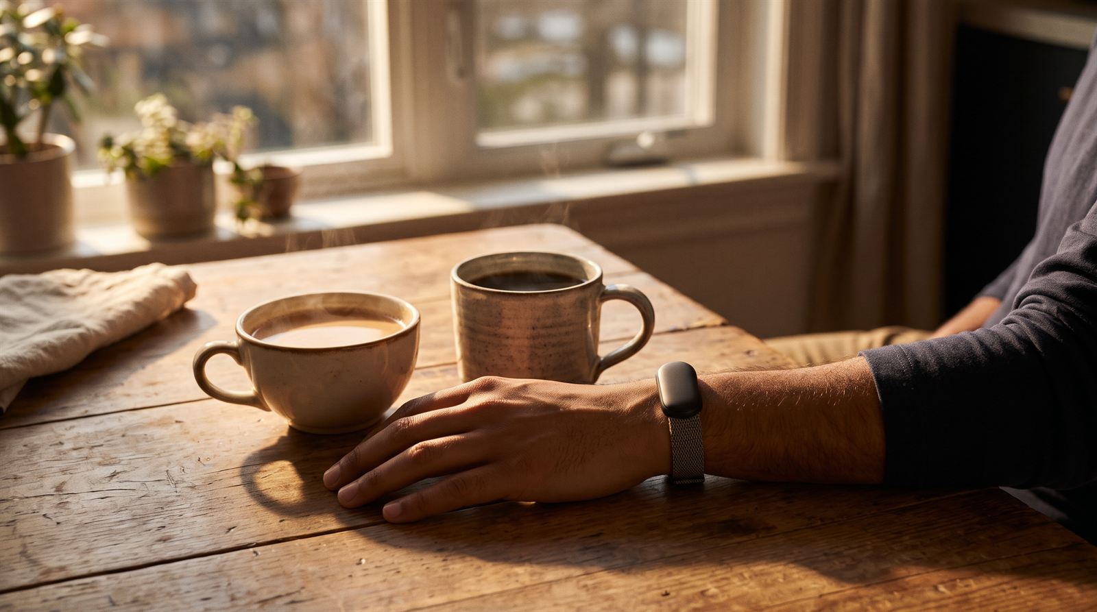 Cups of masala chai and coffee on a wooden table in afternoon light, beside a wrist wearing a fitness band