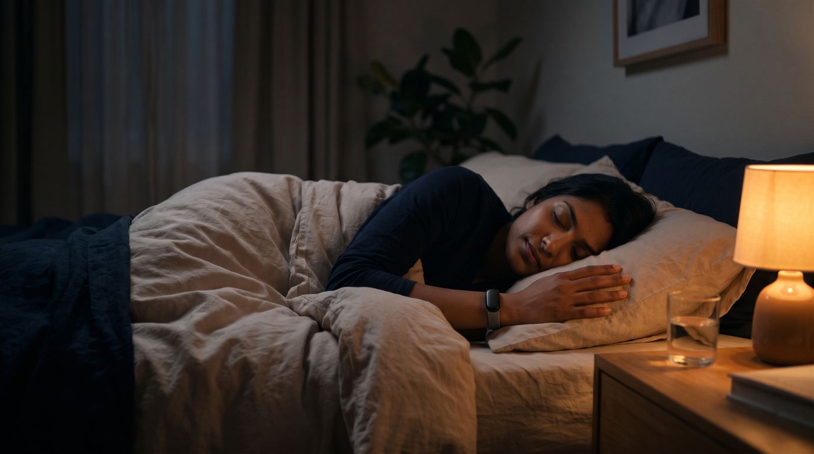 Person sleeping peacefully in a dark, calm bedroom wearing a sleep tracker band