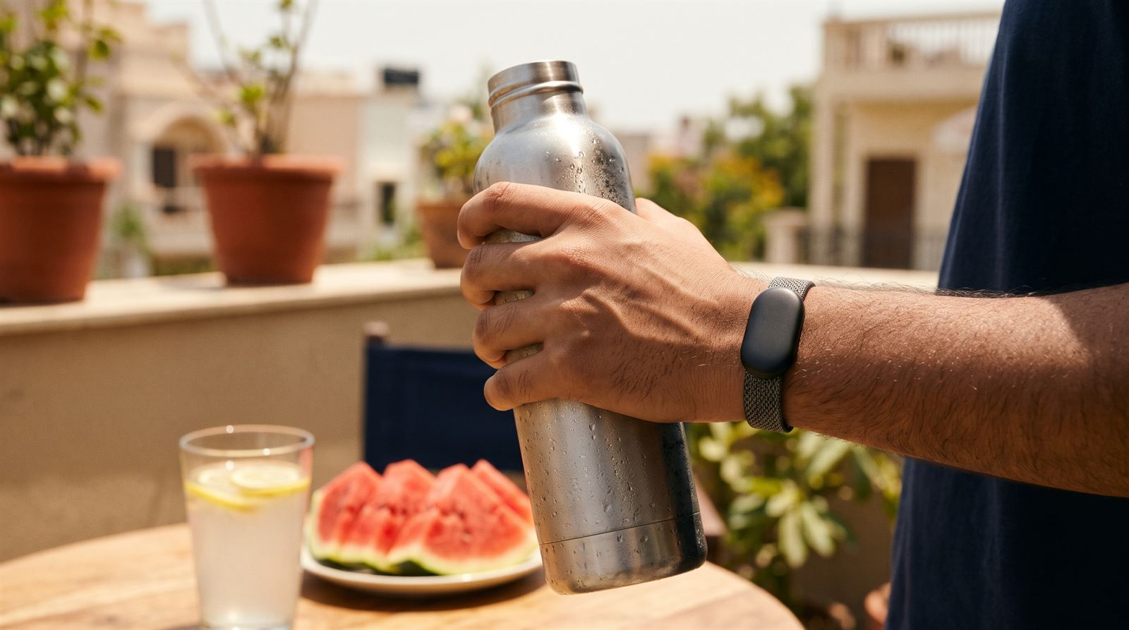 Hand with a fitness band holding a steel water bottle on a sunny terrace, with nimbu pani and watermelon