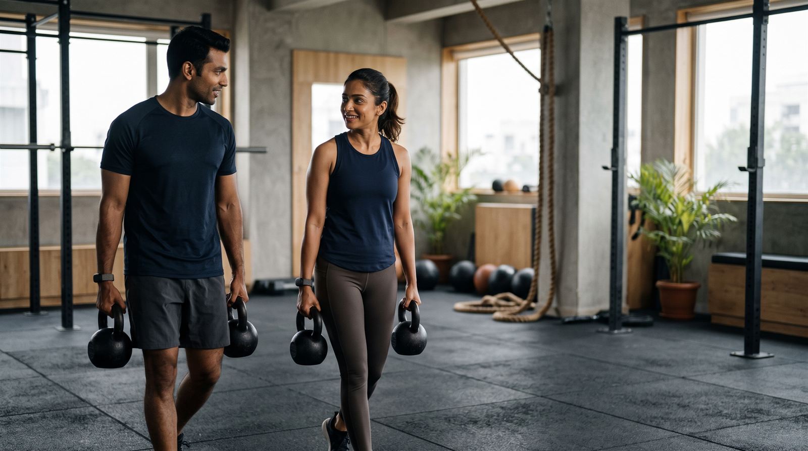 Indian man and woman training together with kettlebells in a Bengaluru gym, wearing fitness tracker bands