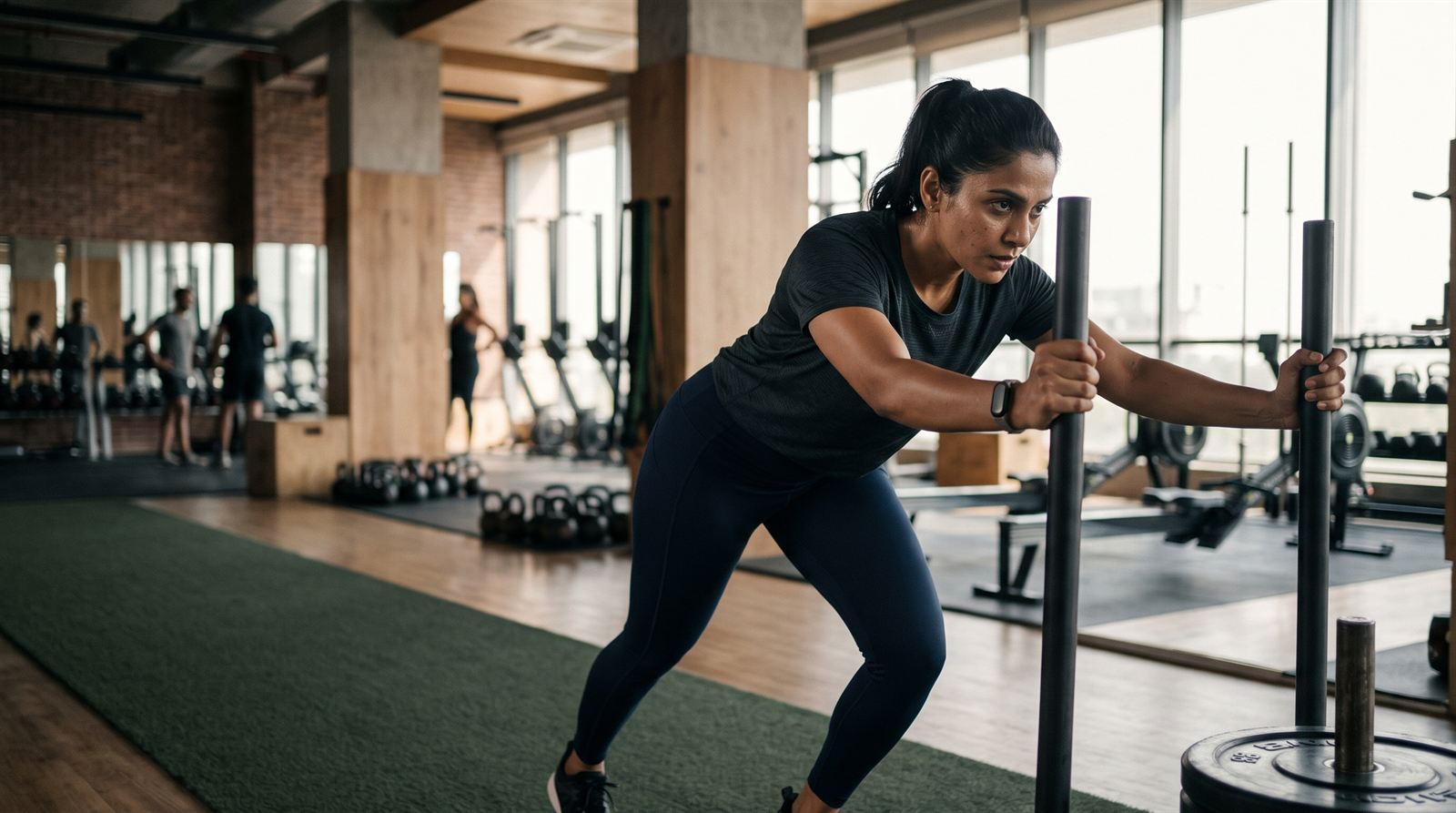 Indian woman pushing a weighted sled in a functional fitness gym, wearing a fitness tracker band