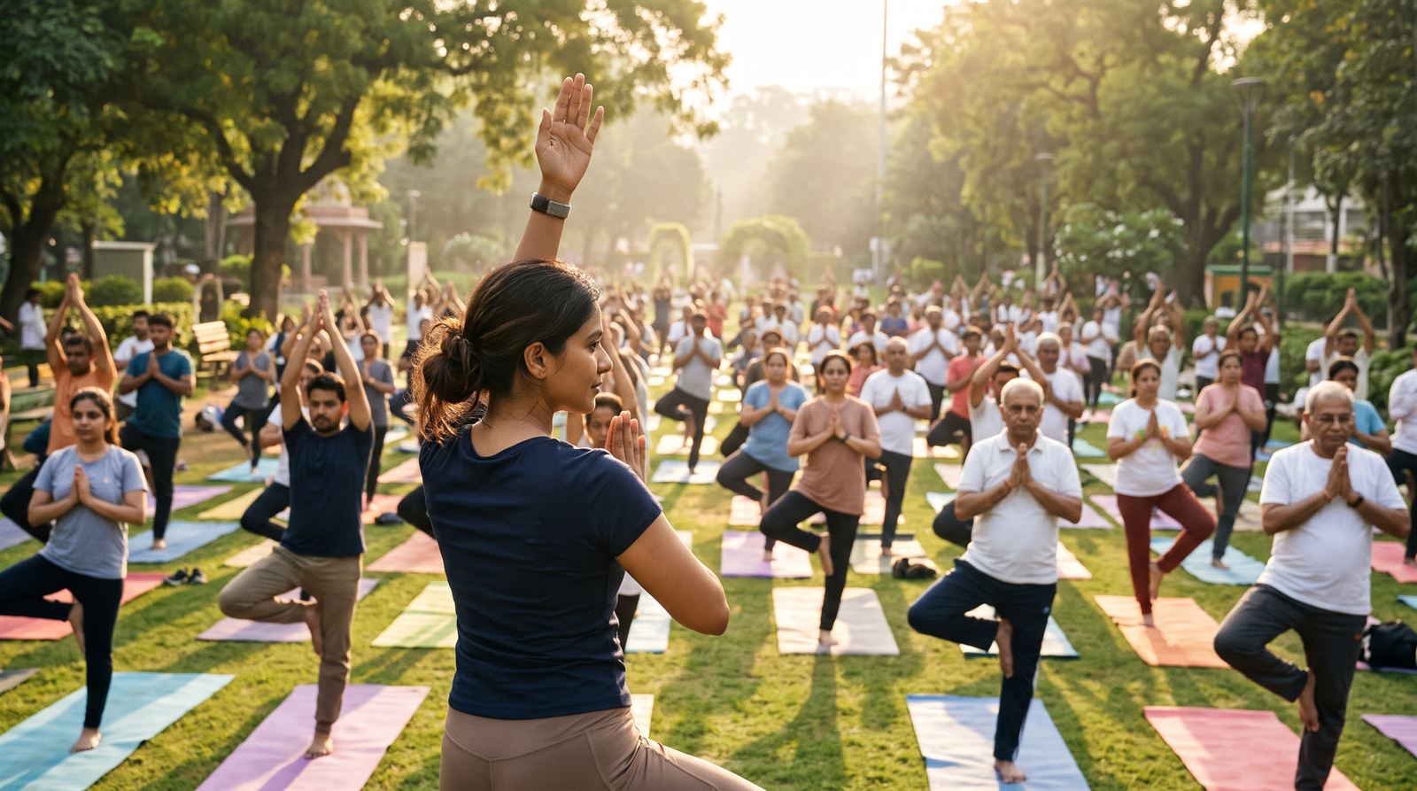 People of all ages doing tree pose together in an Indian park at sunrise on International Day of Yoga, a woman wearing a screenless fitness band in front