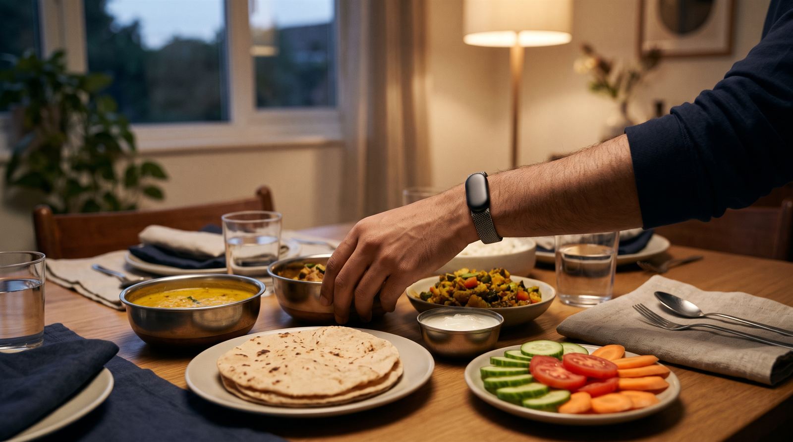 Light early Indian dinner of dal, roti, sabzi, curd and salad, a hand with a fitness band reaching for a bowl