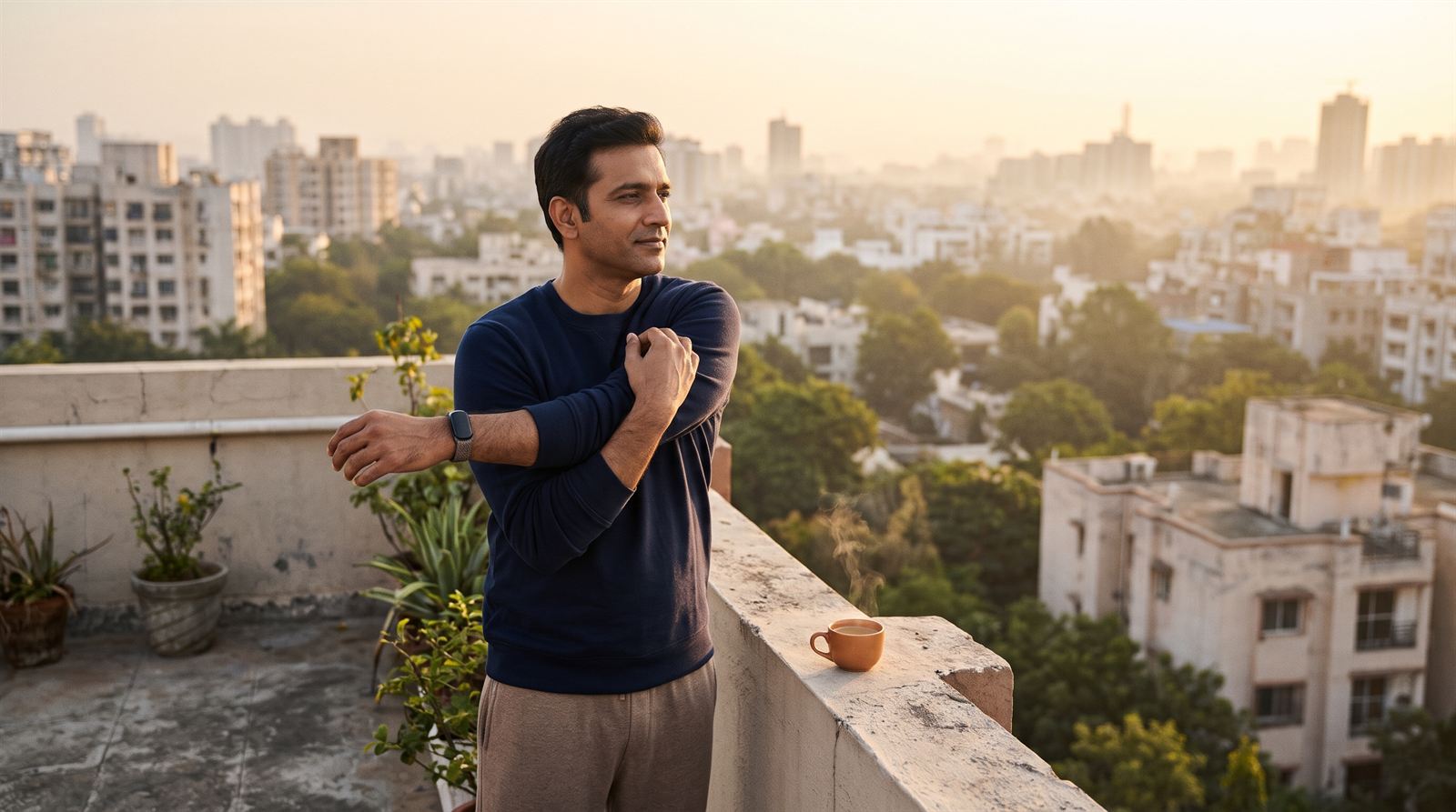 Man stretching on a rooftop terrace at sunrise over an Indian city, wearing a fitness band