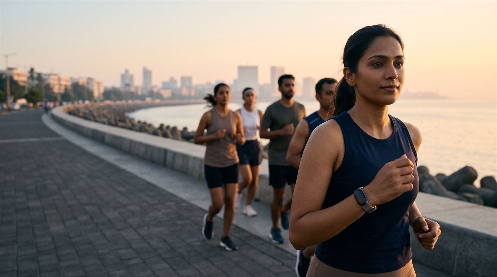 Indian runners training along Marine Drive in Mumbai at sunrise, one wearing a fitness tracker band