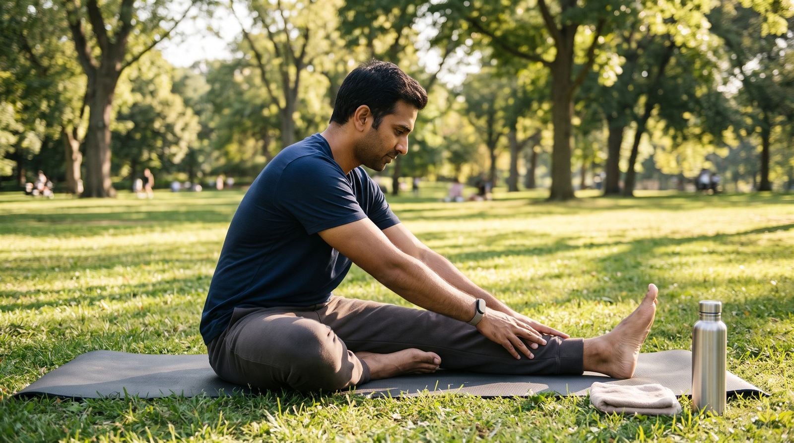 Man doing gentle stretches on a yoga mat in a sunlit park on a rest day, wearing a fitness band