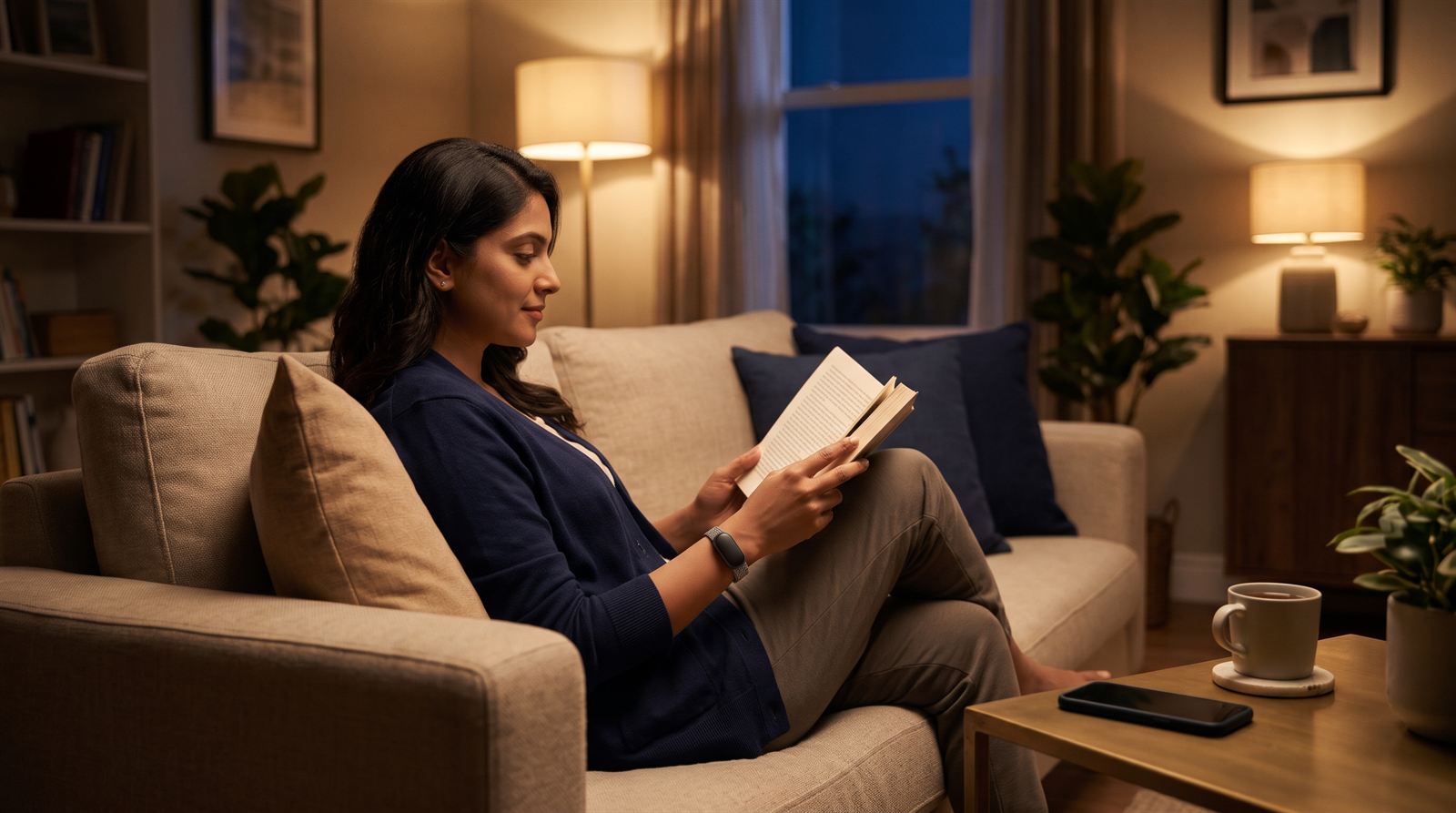 Woman reading a book on a sofa in lamp light with her phone face-down, wearing a screenless fitness band
