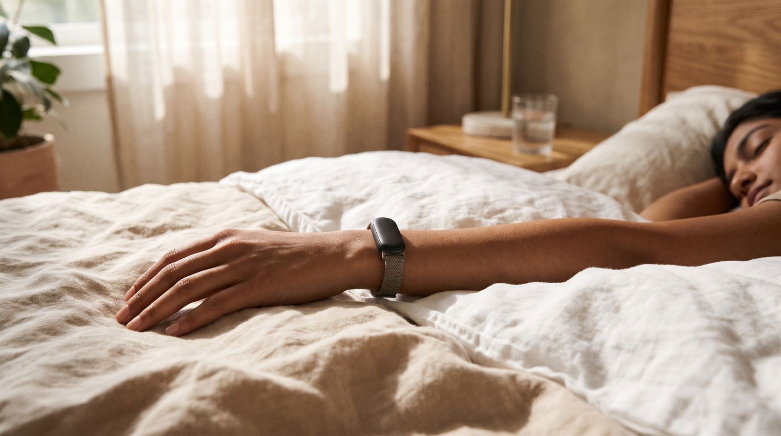 Person waking up rested in a sunlit bedroom, arm stretched across white sheets, wearing a sleep tracker band