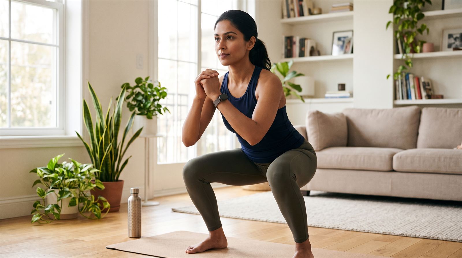 Woman doing bodyweight squats at home on a yoga mat, wearing a fitness tracker band