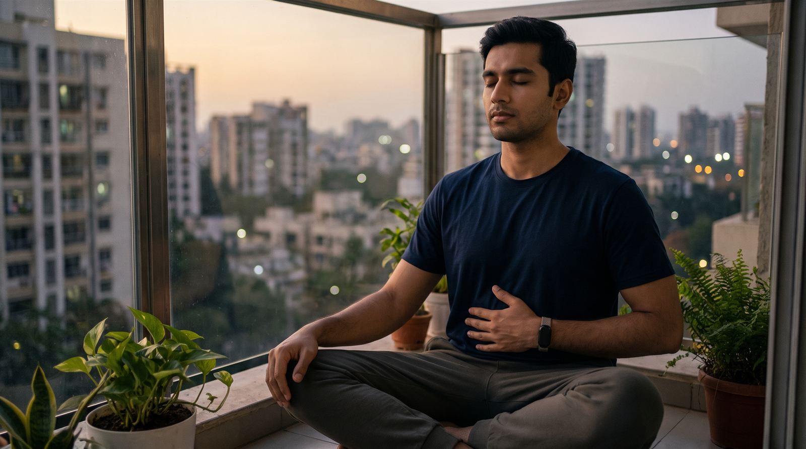 Man doing slow breathing on a balcony at dusk with a hand on his belly, wearing a fitness tracker band