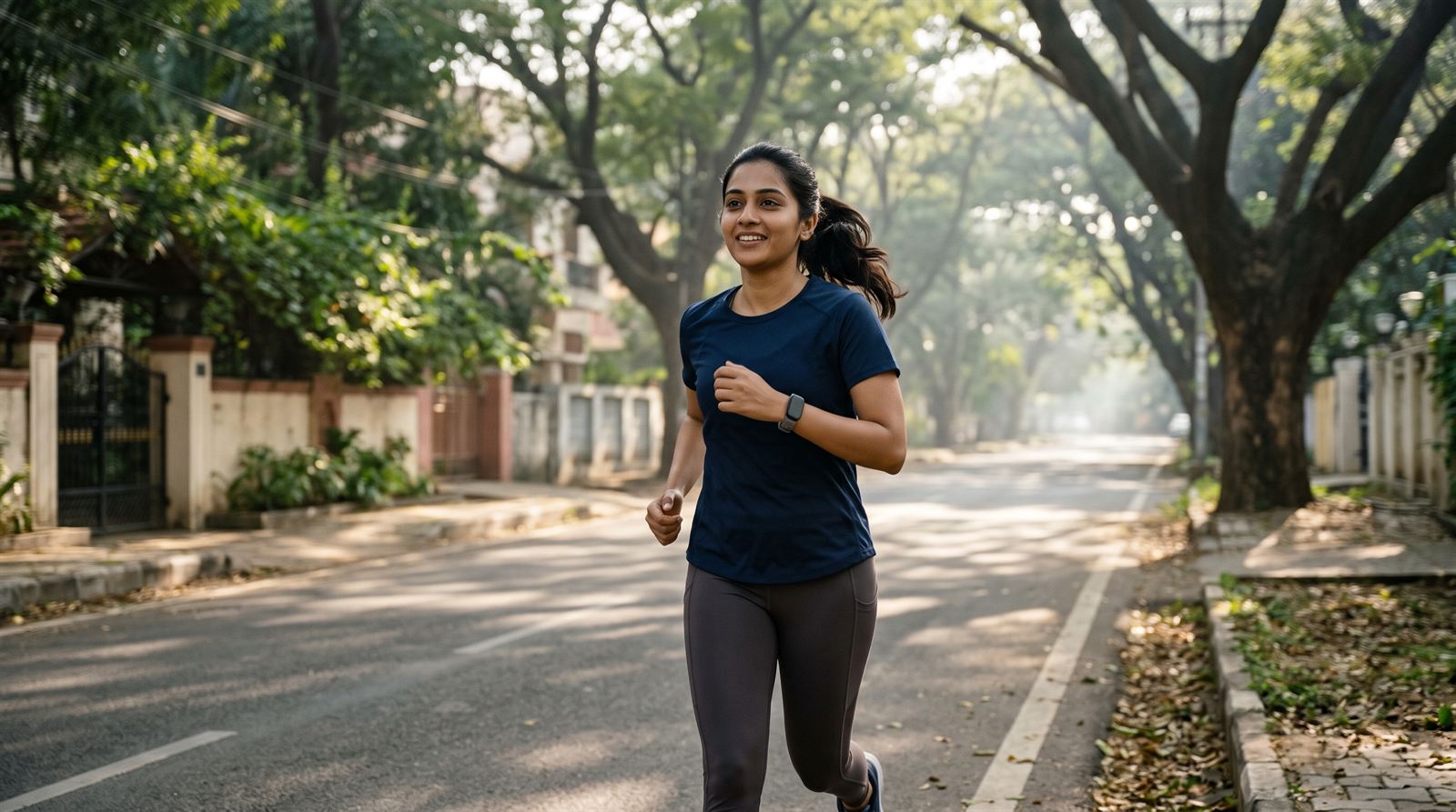 Indian woman jogging on a tree-lined street in Bengaluru in the morning, wearing a fitness tracker band