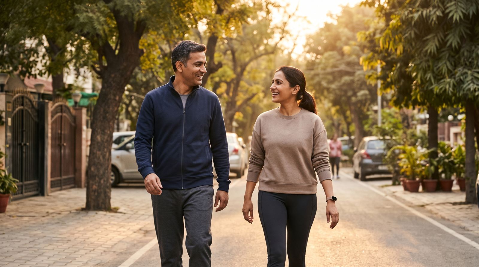 Couple taking a brisk evening walk on a tree-lined Indian street, one wearing a fitness band