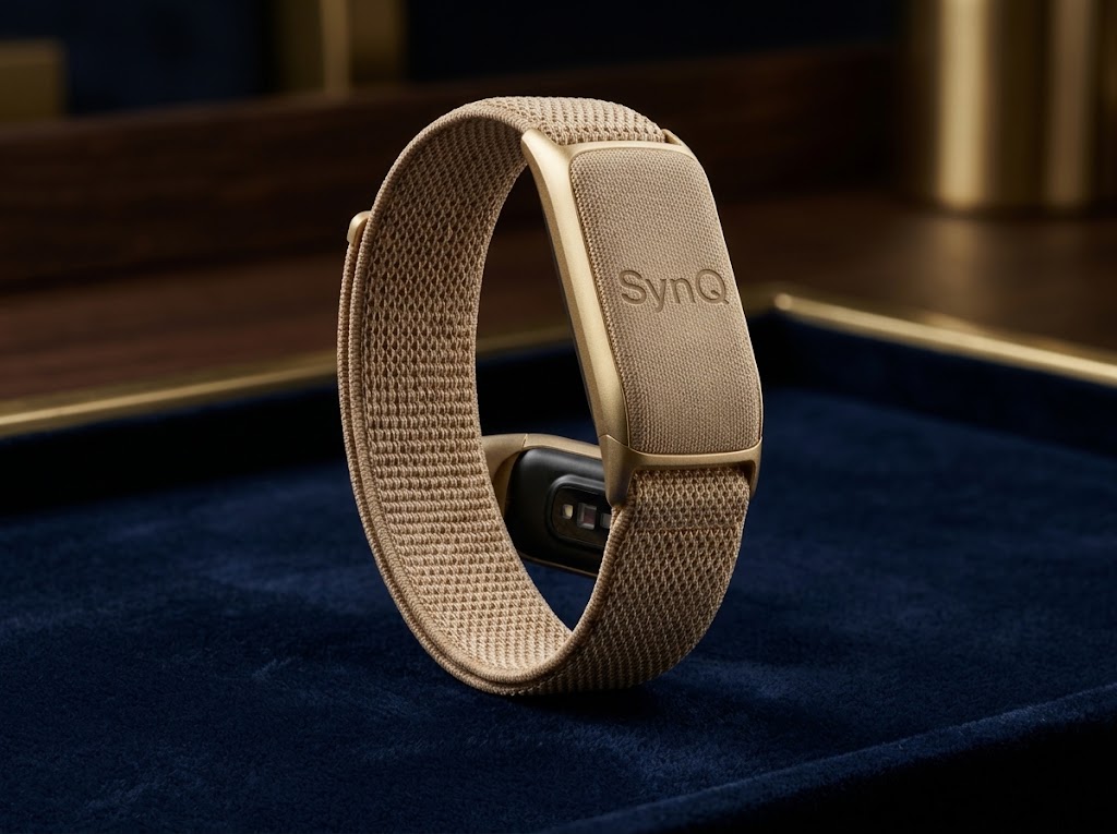 SynQ health tracker band in Desert Sand with a gold frame